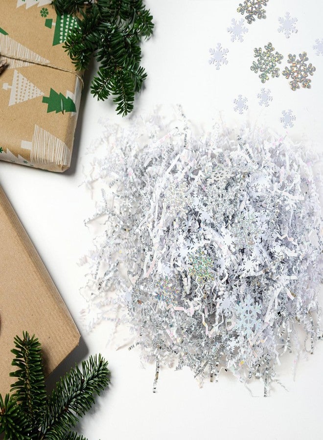 Gloreyan 8.8oz Christmas Crinkle Cut Paper Shred, Xmas Metallic Silver White Raffia Paper Sherd Filler Grass with Snowflake Confetti Decoration for Gift Wrapping Basket Filling Birthdays Weddings Party Supply - Image 3